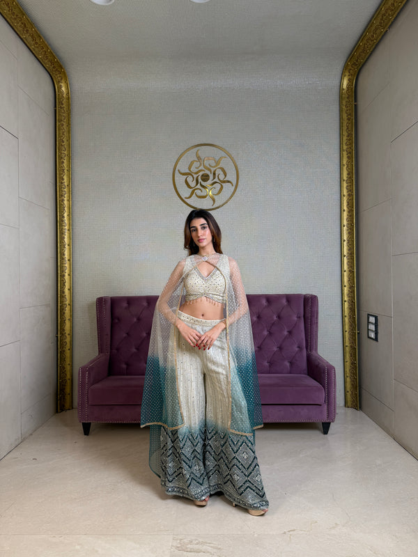 White and Green Net Salwar Suit with Stone & Zari Work