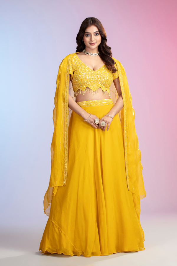 Yellow Embellished Tissue Organza Lehenga Set