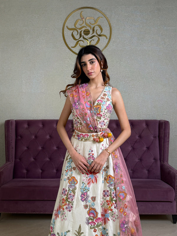 Exclusive Beige Raw Silk Lehenga with Multicolour Embroidery