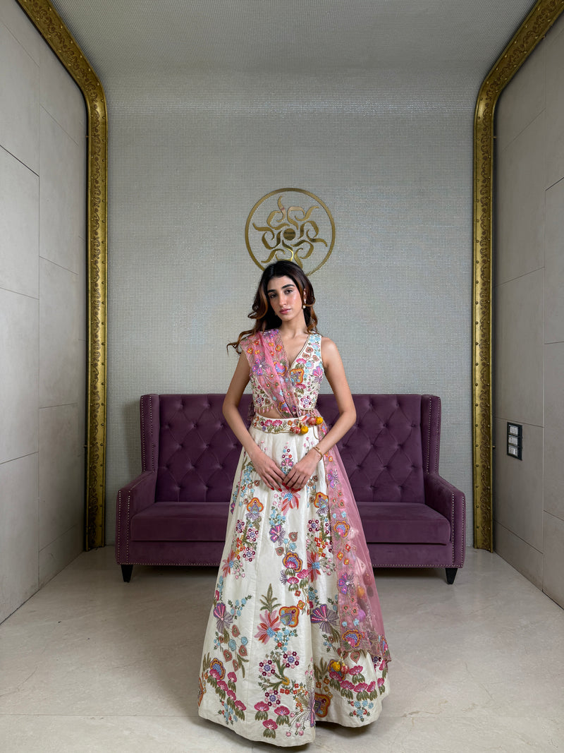 Beige Art Raw Silk Lehenga Set with Multicolour Thread & Abla Embroidery