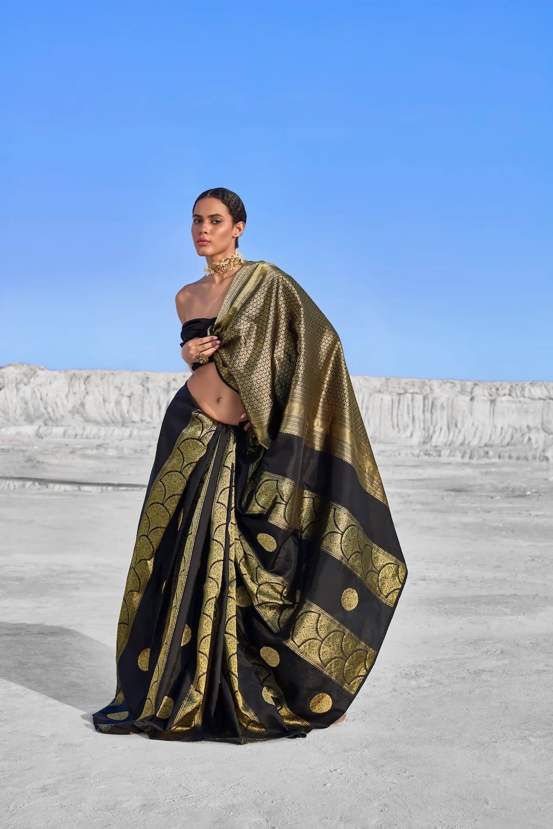 Woman wearing a Black and Gold Kanjivaram Silk Saree against a clear blue sky.