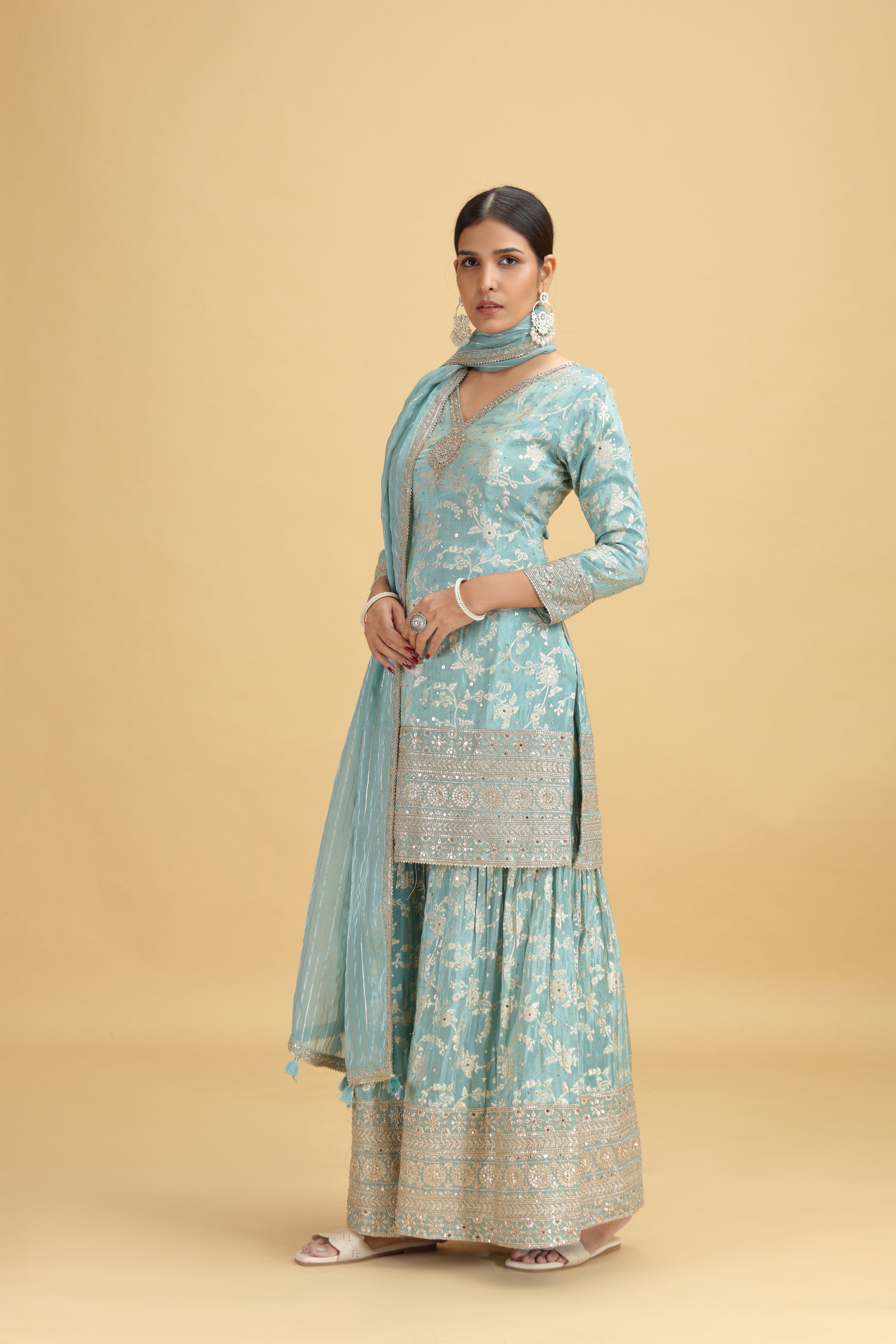 Woman wearing a light blue banarasi salwar kameez
