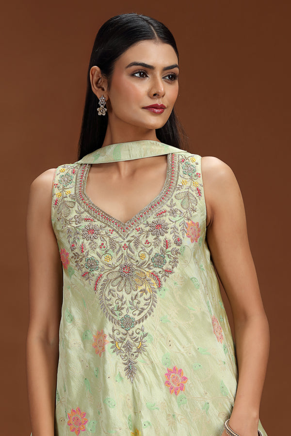 Green Banarasi Silk Salwar Suit with Zari and French Knot Embroidery