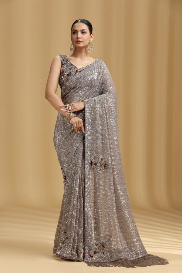 Mouse Grey Net Saree with Sequins, Beads, Cutdana, Pearls & Resham Work (Stitched Blouse)