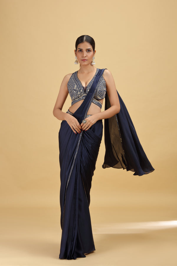 Navy Blue Crepe Saree with Abla, Mirror & Thread Work