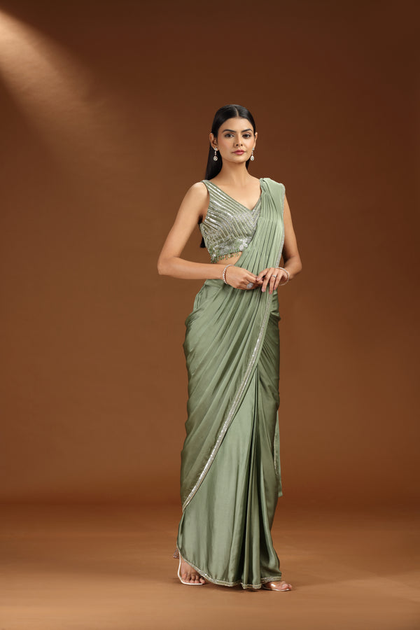 Olive Green Pre-Stitched Saree with Embellished Blouse