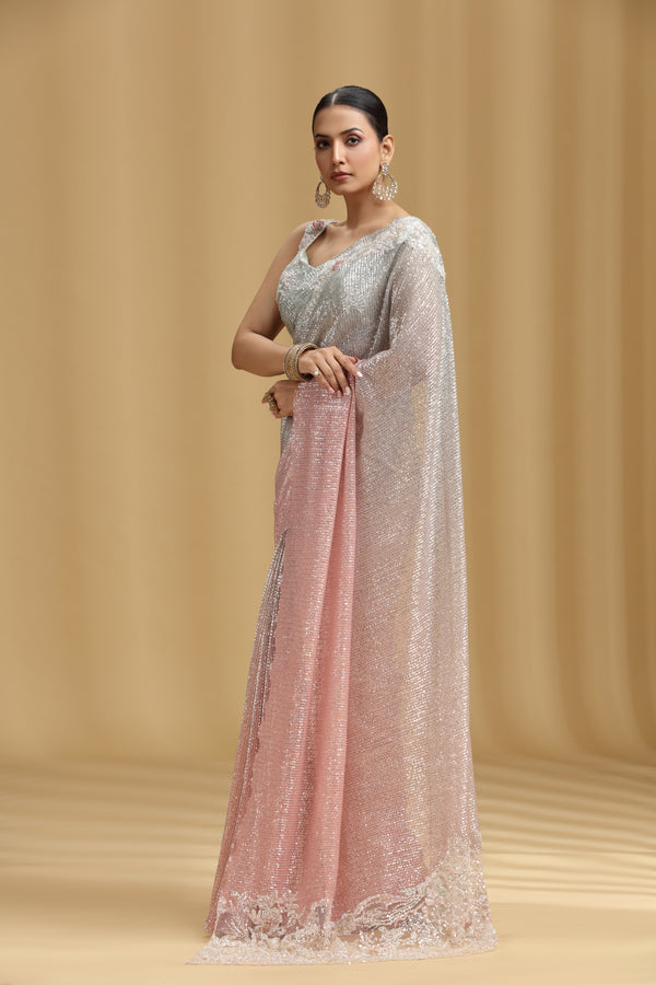 Peach & Grey Net Saree with Sequins, Beads, Cutdana, Resham & Stone Work (Stitched Blouse)