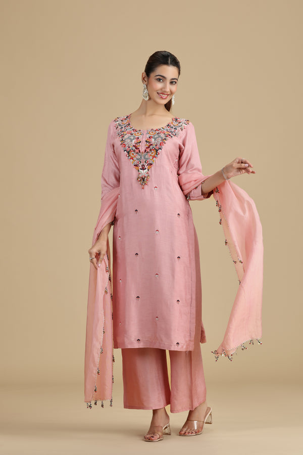 Peach Raw Silk Kurta Set with Pearls & Zari Work