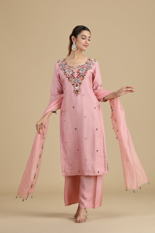 Peach Raw Silk Kurta Set with Pearls & Zari Work