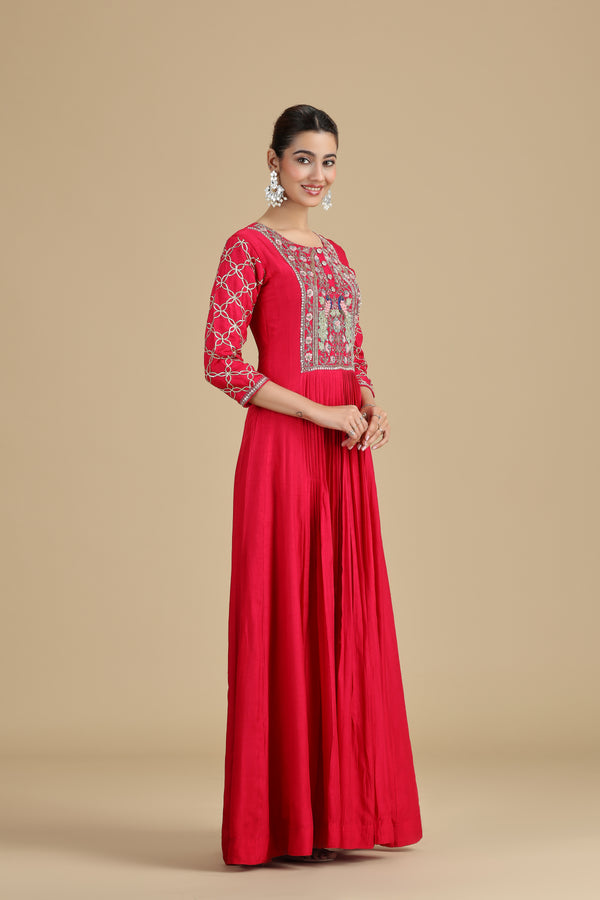 Elegant Pink Raw Silk Kurta Set with Thread Work & Pearls