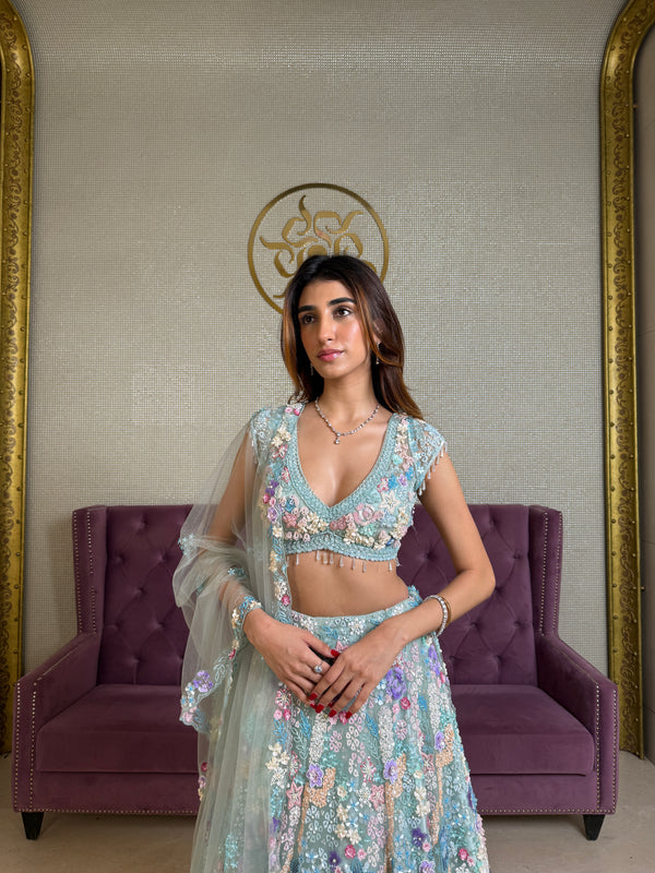 Powder Blue Net Lehenga Set with Abla, Cutdana & Moti Embroidery