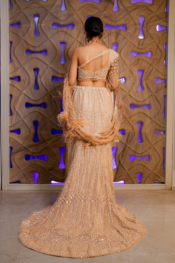 Gold Net Lehenga Set with Sequins & Stone Embellishment
