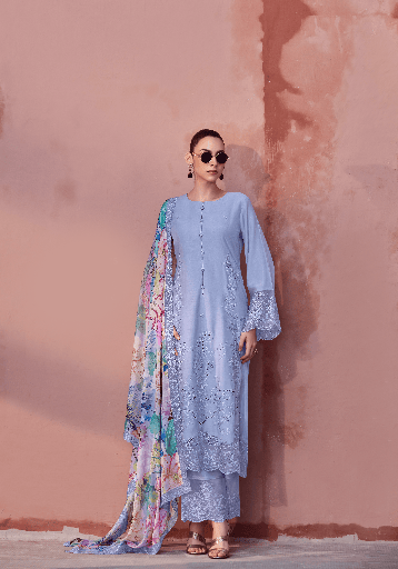 Purple Embroidered Unstitched Cotton Kurta Set with Printed Dupatta