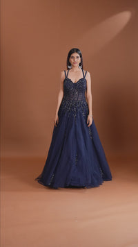Navy Net Gown with Subtle Sequins & Cutdana Embellishment