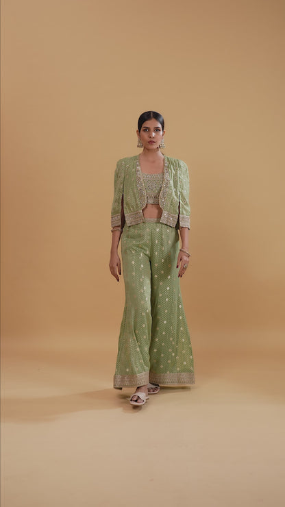 Green Banarasi Silk Suit Set with Mirror, Stone & Zari Work