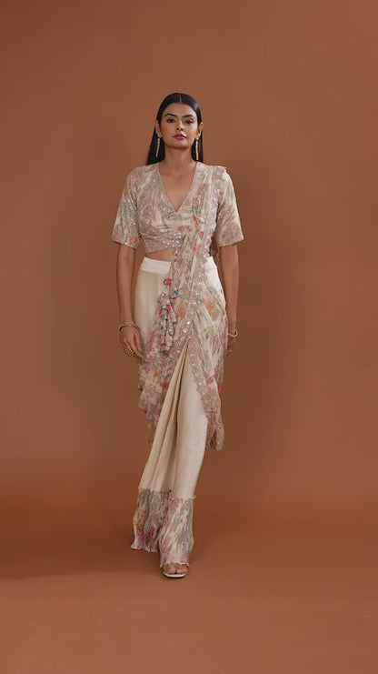Beige Printed Banarasi Silk Saree with Embellished Blouse