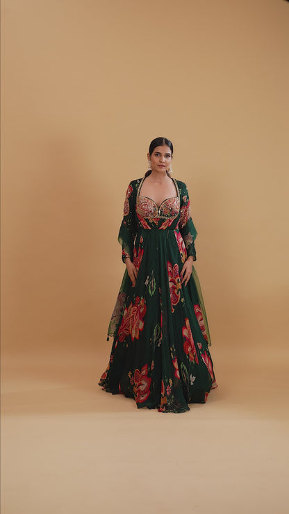 Bottle Green Crepe Gown with Mirror & Resham Work