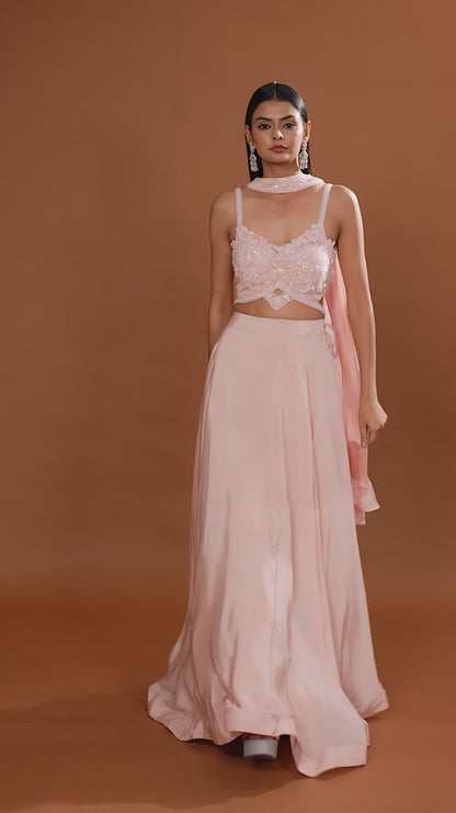 Pink Crepe Legenga Set with Net Blouse