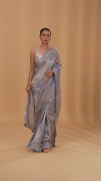Grey Tissue Organza Saree with Cutdana & Stone Work (Unstitched)