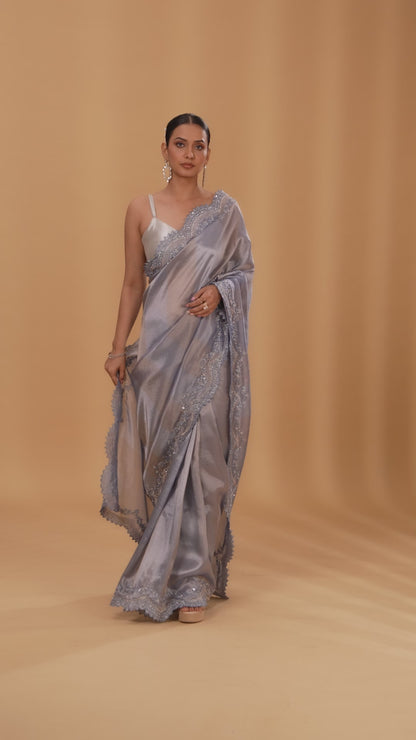 Grey Tissue Organza Saree with Cutdana & Stone Work (Unstitched)