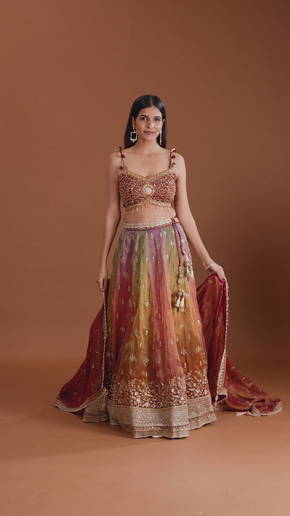 Maroon Tissue Lehenga Set with Mirror & Zardosi Work