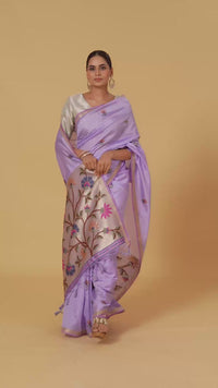 Purple Threadwork Chanderi Saree with Unstitched Blouse