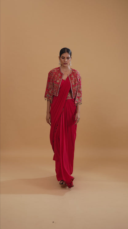 Red Crepe Saree with Dola Silk Blouse & Heavy Embellishment