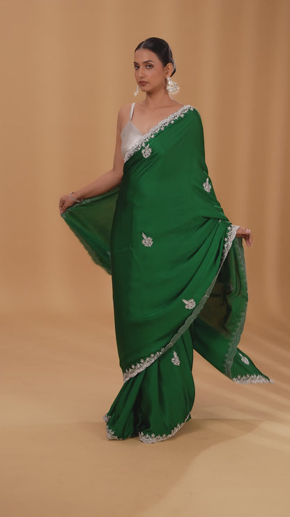 Bottle Green Satin Silk Saree with Cutdana & Stone Detailing and Unstitched Blouse