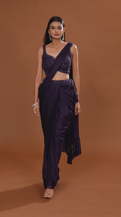Embellished Purple Pre-Stitched Saree with Corset Blouse