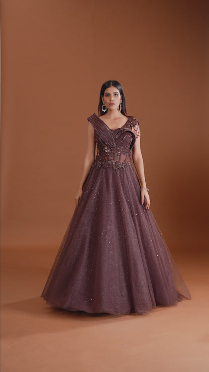 Brown Net Gown with Sequins, Cutdana & Stone Embellishments