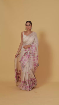 Beige Woven Chanderi Saree with Unstitched Blouse