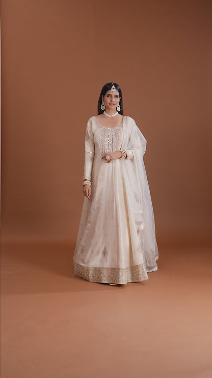 Ivory Banarasi Silk Gown with Mirror, Moti & Zari Work
