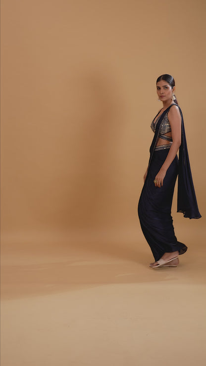 Navy Blue Crepe Saree with Abla, Mirror & Thread Work