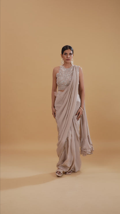 Beige Crepe Saree with Net Blouse & Heavy Moti-Sequins Work