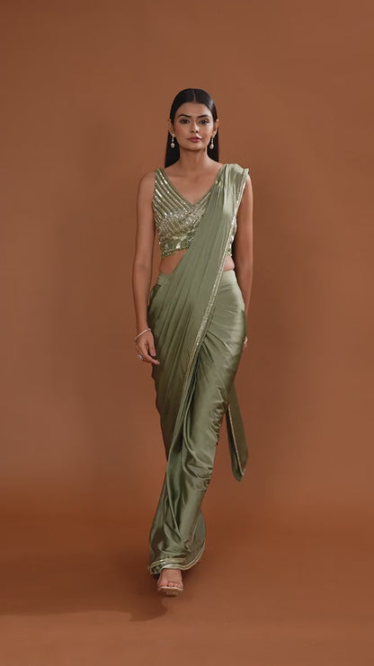 Olive Green Pre-Stitched Saree with Embellished Blouse