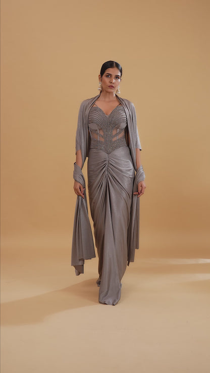 Grey Lycra Saree with Stitched Blouse and Stone Embellishments