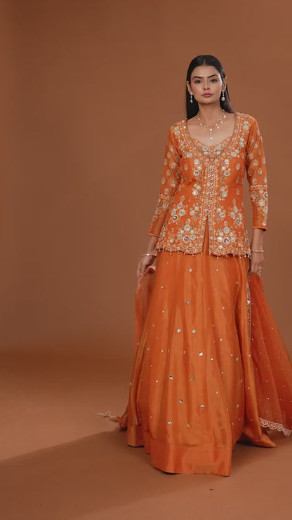 Orange Satin Silk Lehenga with Organza Dupatta