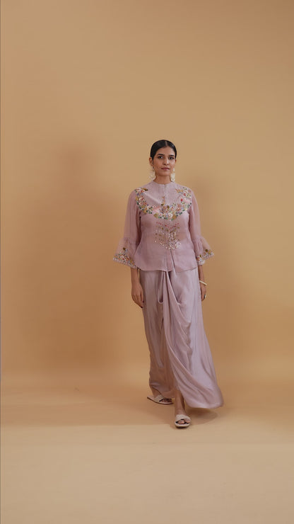 Lilac Satin Silk Suit Set with Organza Dupatta & Dori Work