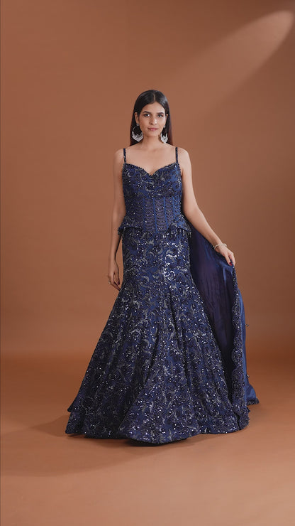 Navy Blue Net Gown with Sequins & Cutdana Work
