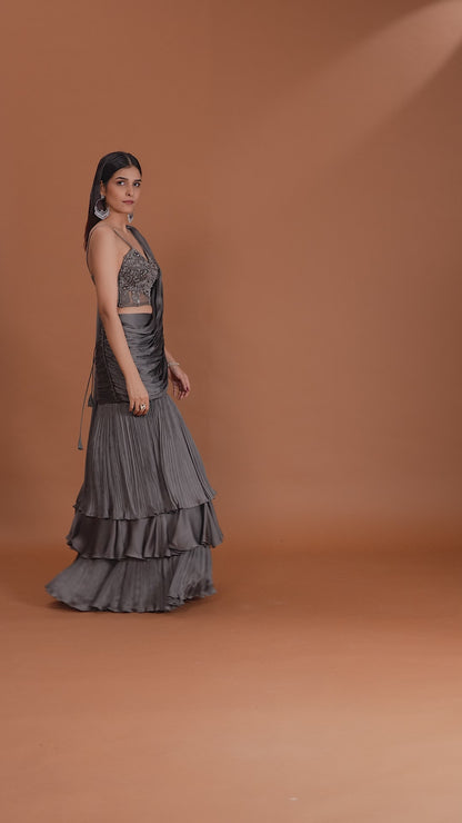Grey Lehenga Set with Net Blouse, Crepe Skirt & Mukesh Work
