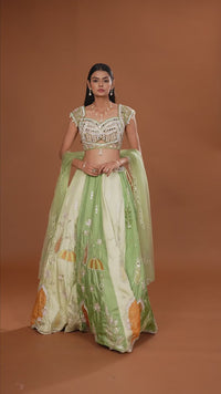 Green Satin Silk Lehenga with Green Net Blouse and Green Net Dupatta