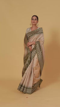 Beige Resham Woven Chanderi Saree with Unstitched Blouse