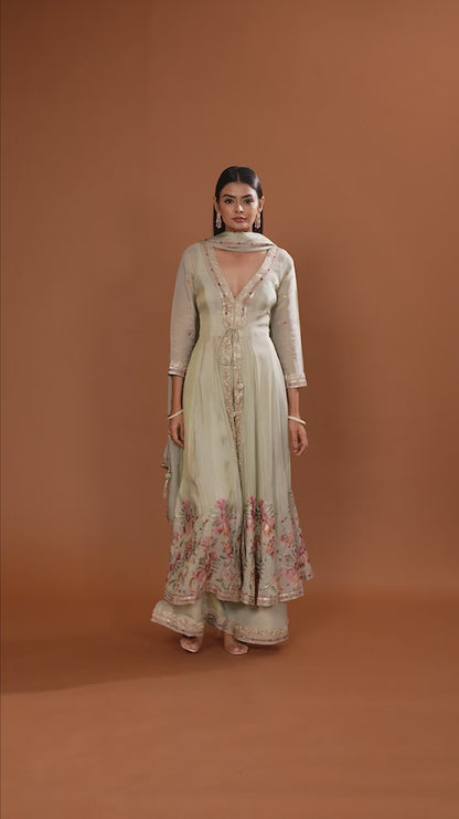 Grey Tissue Salwar Suit with Resham and Zari Embroidery
