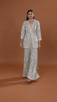 Blue Georgette Set with Net Dupatta and Intricate Embroidery