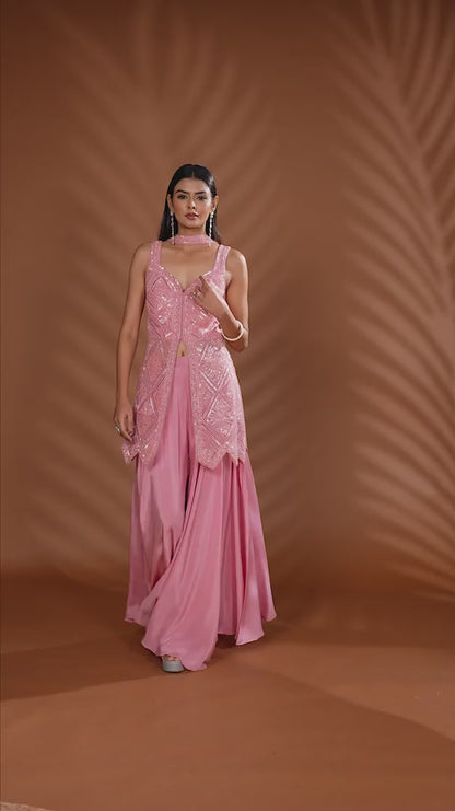 Pink Net and Crepe Salwar Suit with Moti and Stone Embellishments