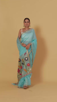 Blue Threadwork Cotton Saree with Unstitched Blouse