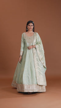 Pista Green Banarasi Silk Gown with Mirror, Sequins & Pearl Work
