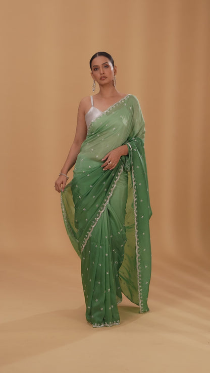 Green Crepe Saree with Cutdana, Pearl & Stone Work (Unstitched)