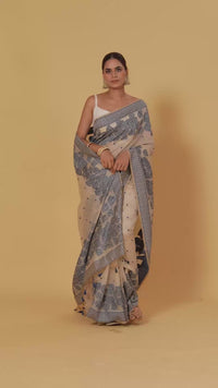 Beige Threadwork Chanderi Saree with Unstitched Blouse