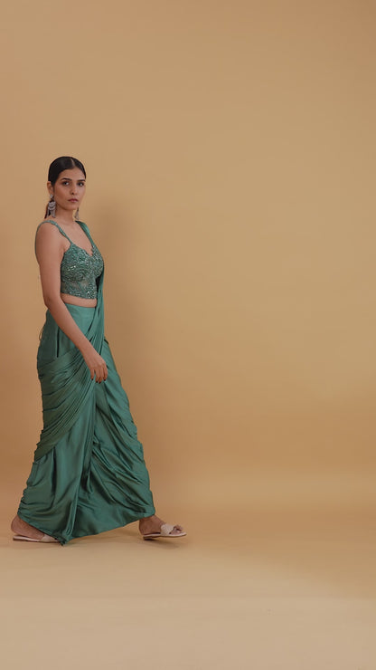 Green Crepe Saree with Net Blouse & Moti-Sequins Work